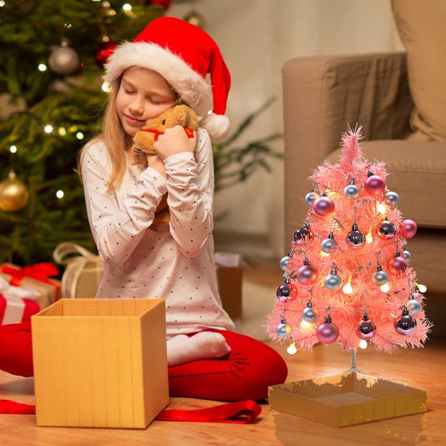 Árvore de Natal rosa de 60 cm, mini árvore de Natal artificial com luz LED  e bolas de Natal, conjunto de decoração de árvore de Natal